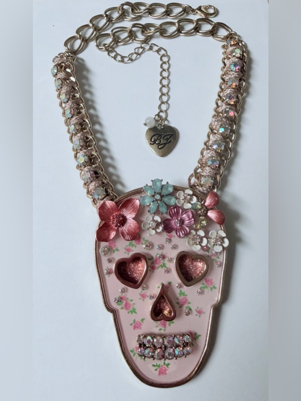 Betsey Johnson Gold-Tone Pink Floral Skull Pendant Necklace